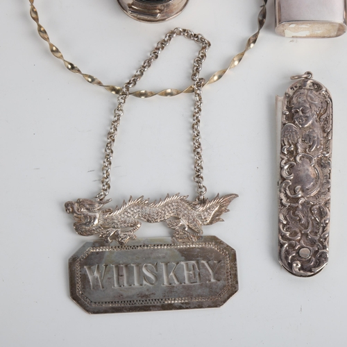 1937 - Various silver, including Chinese export Whiskey decanter label, etc