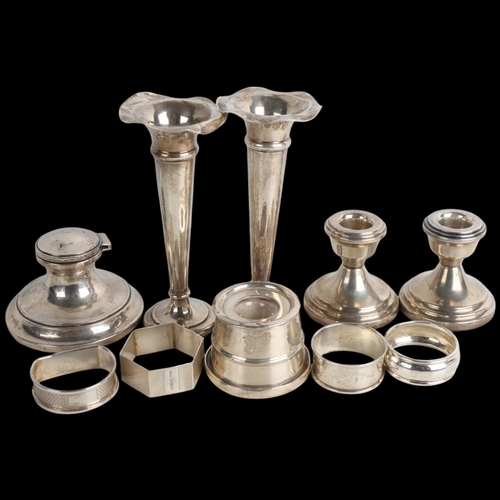 1942 - Various silver, including pair of trumpet bud vases, candlesticks, napkin rings, etc