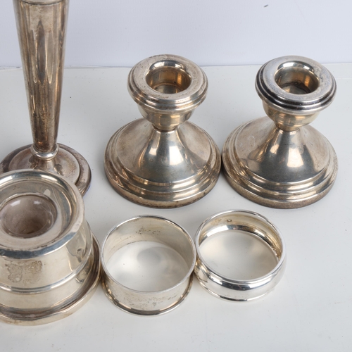 1942 - Various silver, including pair of trumpet bud vases, candlesticks, napkin rings, etc