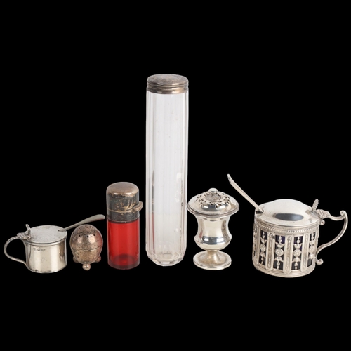 1943 - Various silver, including mustard pot, red glass scent bottle, toilet jar, etc