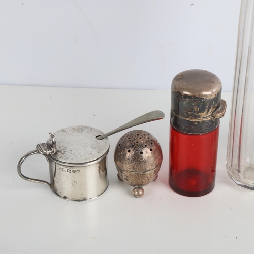 1943 - Various silver, including mustard pot, red glass scent bottle, toilet jar, etc