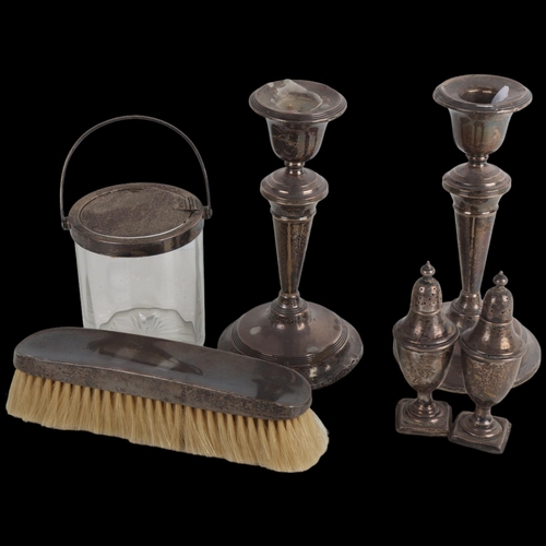 1945 - **WITHDRAWN** - Various silver, including pair of candlesticks, honey jar, clothes brush, etc