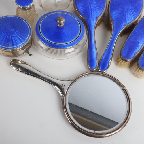 1947 - An Art Deco George V silver and blue enamel 9-piece dressing table vanity set, Walker & Hall, Birmin... 