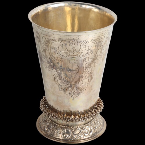 1962 - A fine 17th century Dutch silver religious communion beaker, bright-cut engraved crest decoration, 1... 