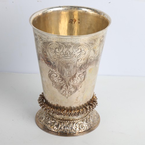 1962 - A fine 17th century Dutch silver religious communion beaker, bright-cut engraved crest decoration, 1... 