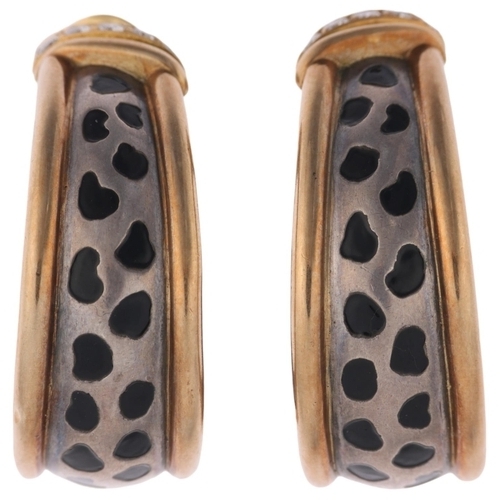 1168 - GAY FRERES - a pair of French 18ct gold silver diamond and enamel 'Leopard Spot' hoop clip-on earrin... 