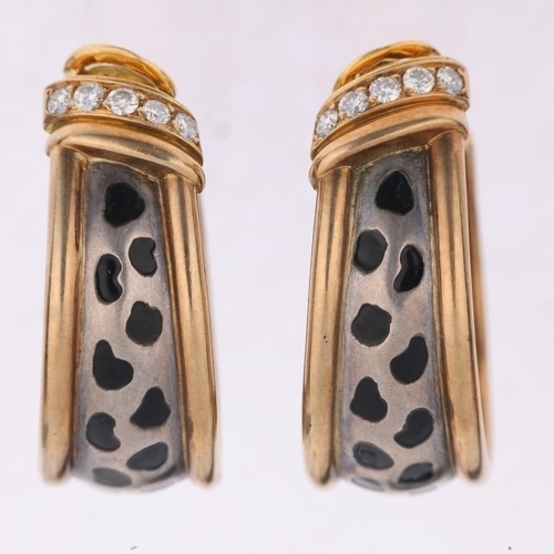 1168 - GAY FRERES - a pair of French 18ct gold silver diamond and enamel 'Leopard Spot' hoop clip-on earrin... 