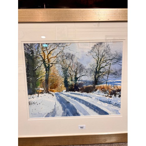 802 - Richard Thorn, Evening Sets in February Snow on Dartmoor, watercolour, signed, 38cm x 48cm, framed