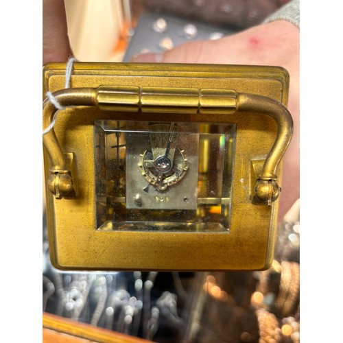 254 - French gilt-brass cased 8-day carriage clock, enamel dial, retailers Goldsmiths & Silversmith Compan... 