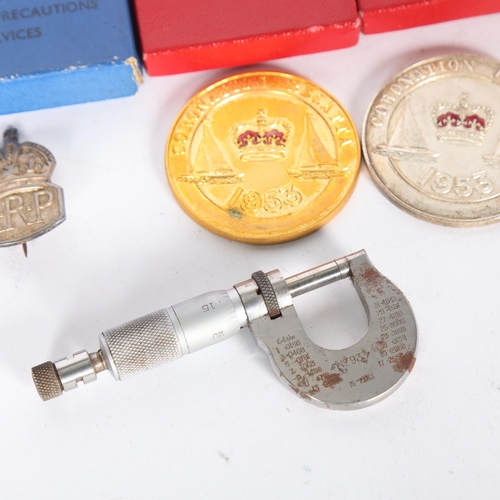 177 - 2 Coronation Regatta medallions, dated 1953, a silver ARP badge, and a miniature micormeter