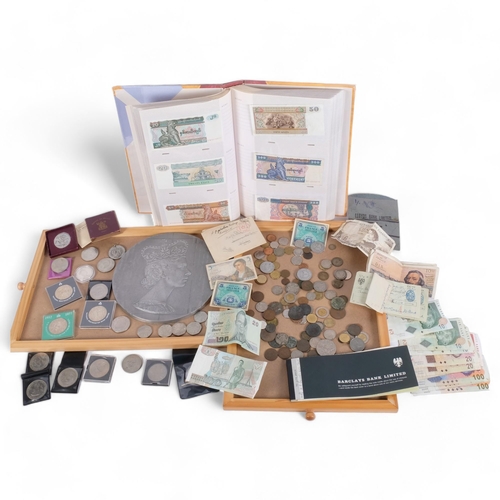 102 - 2 trays of pre-decimal coins, commemorative coins, and an album of world banknotes, etc