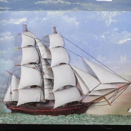 11 - A 19th century ship diorama, depicting a 2-masted sailing ship and single-masted boat in naturalisti... 