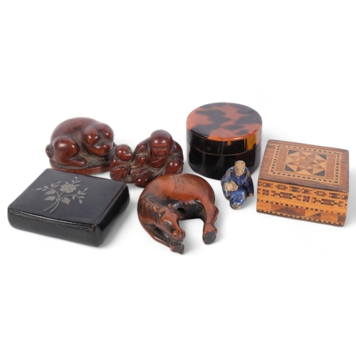 128 - A small Tunbridge Ware stamp box, Georgian snuffbox, a tortoiseshell-clad box, and 3 Chinese carved ... 