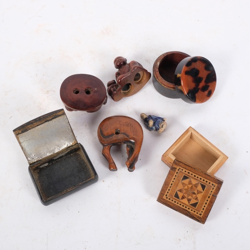 128 - A small Tunbridge Ware stamp box, Georgian snuffbox, a tortoiseshell-clad box, and 3 Chinese carved ... 