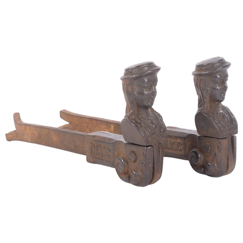 137 - A pair of Antique cast-iron window/shutter locks, with figural hinge and impressed NYC, 18cm