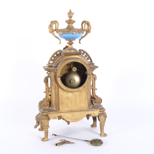 3 - A 19th century French gilt-metal mantel clock, 8-day striking movement, with painted dial and Roman ... 