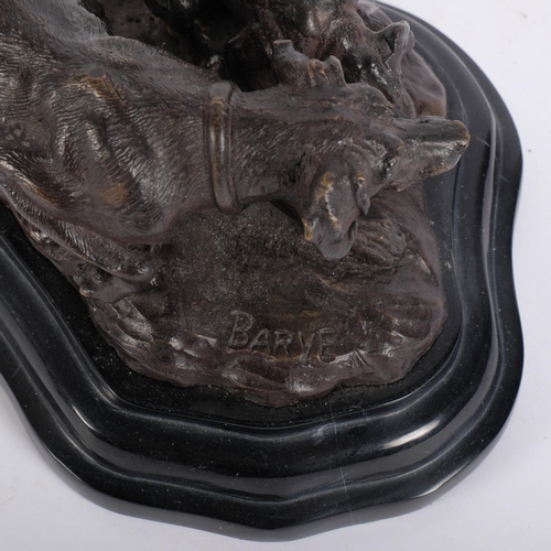 30 - After Barye, cast-bronze study of hunting dogs on shaped black marble base, W22cm