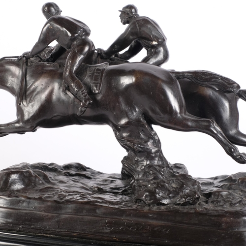 31 - After E Loiseau, a reproduction bronze model of a pair of racehorses on marble stand, W42cm