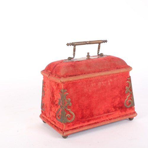 32 - An Antique velvet-covered travelling vanity/sewing box, the interior fitted with 2 glass scent bottl... 