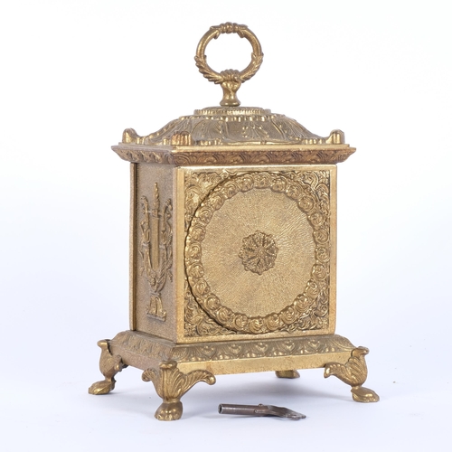 5 - A small gilt-metal mantel clock, 8-day striking movement, enamelled batons and Roman numerals, allov... 