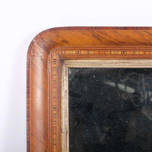 63 - A Victorian cross-banded walnut over mantel mirror, with white ceramic feet, 73cm x 45cm