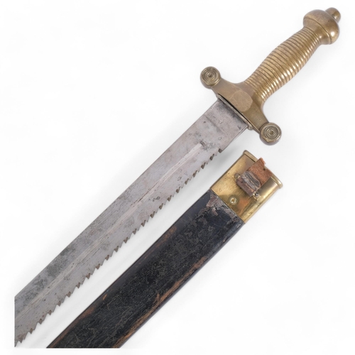 75 - A 19th century Swiss pioneer gladius, with a steel double saw teeth blade, brass pommel and handle, ... 