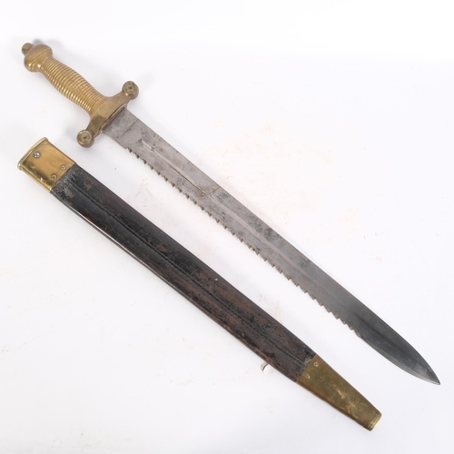 75 - A 19th century Swiss pioneer gladius, with a steel double saw teeth blade, brass pommel and handle, ... 