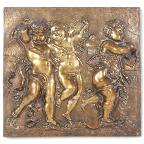 82 - A cast-bronze high relief plaque, decorated with cherubs, 34cm x 32cm