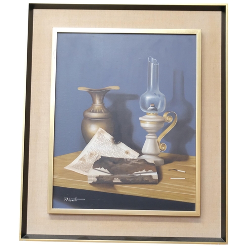 340 - F Alberti, oil on canvas, still life study of an oil lamp and vase on side table, 68cm x 58cm overal... 