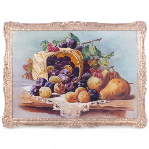 344 - A.W. Edmonds, oil on board, still life, basket of fruit on table, wooden gilt-gesso frame, 43cm x 59... 