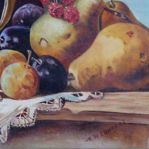 344 - A.W. Edmonds, oil on board, still life, basket of fruit on table, wooden gilt-gesso frame, 43cm x 59... 