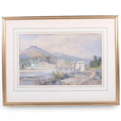 348 - A watercolour, buildings and valley landscape, unsigned, label to reverse 