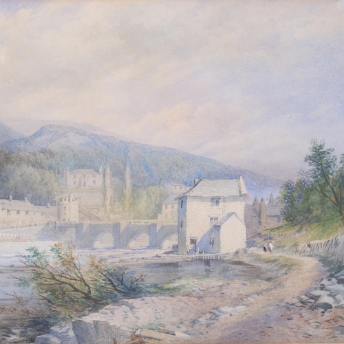 348 - A watercolour, buildings and valley landscape, unsigned, label to reverse 