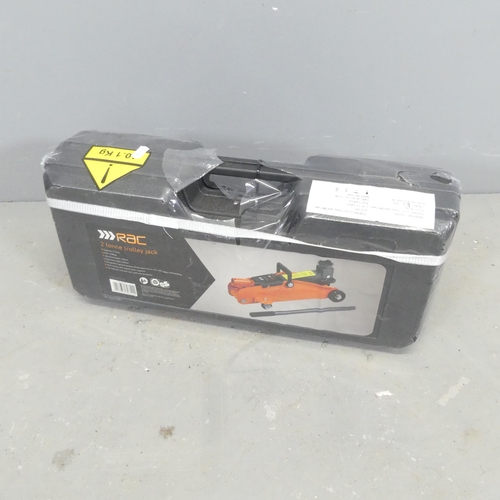 2640 - An RAC 2-tonne trolley jack, new in box, a pair of axel jacks and two painted metal car ramps.