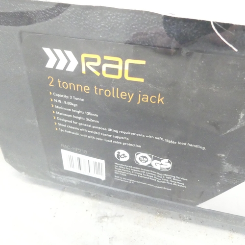 2640 - An RAC 2-tonne trolley jack, new in box, a pair of axel jacks and two painted metal car ramps.