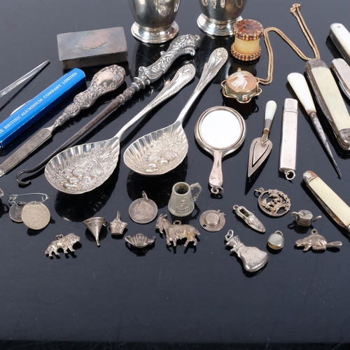 154 - A group of various items, including a Tunbridge Ware wax threader, plated spoons, penknife, a gilt-f... 