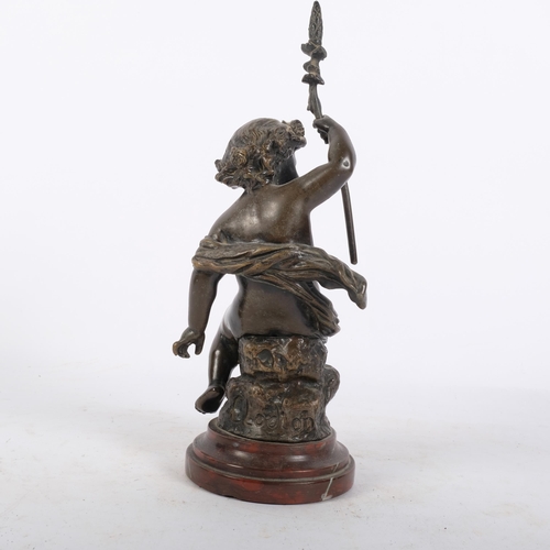 169 - After Claude Michel Clodin (France), study of a bronze putti on circular red marble stand, H25cm