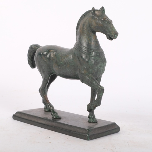 171 - A verdigris patinated bronze study of a Greek horse on stand, H15cm