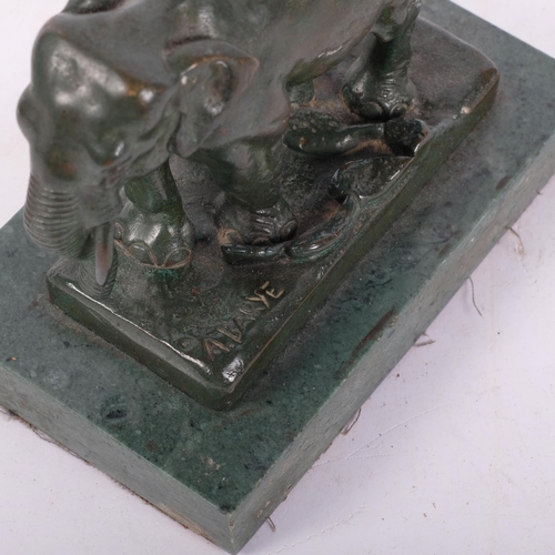 172 - After A Bayre, a patinated verdigris study of an Indian elephant, on rectangular marble stand, H12cm