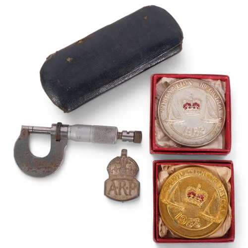 177 - 2 Coronation Regatta medallions, dated 1953, a silver ARP badge, and a miniature micormeter