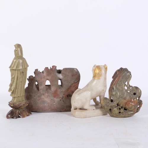 188 - 2 carved soapstone figural and bird groups, alabaster study of a dog, and a soapstone figure of Guan... 