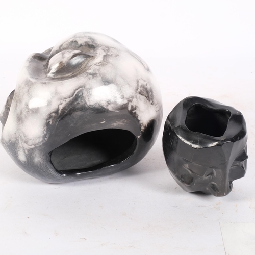 230 - JOHN EVANS / JANET BRANSCOMBE, two ceramic sculpted face vessels, both with burnished finish, makers... 