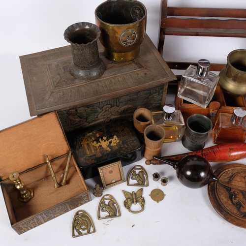 239 - A box of miscellaneous items, including an Arts and Crafts brass jardiniere, Bohemian overlay scent ... 