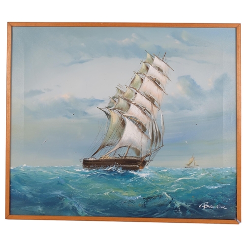 339 - Oil on canvas, study of a 3-masted sailing ship, 53cm x 62cm overall, framed