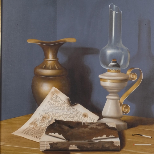 340 - F Alberti, oil on canvas, still life study of an oil lamp and vase on side table, 68cm x 58cm overal... 