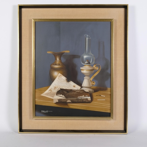 340 - F Alberti, oil on canvas, still life study of an oil lamp and vase on side table, 68cm x 58cm overal... 