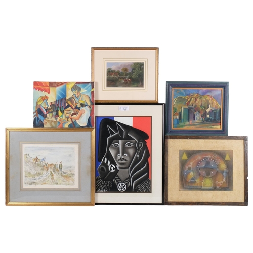 342 - A group of various prints, watercolours and oils, including Angela Braven, oil on board, study of th... 