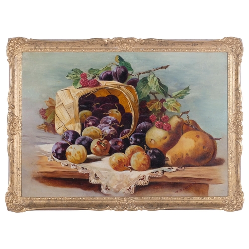 344 - A.W. Edmonds, oil on board, still life, basket of fruit on table, wooden gilt-gesso frame, 43cm x 59... 