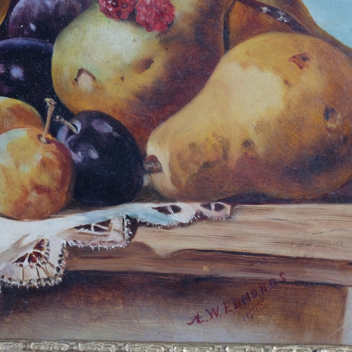 344 - A.W. Edmonds, oil on board, still life, basket of fruit on table, wooden gilt-gesso frame, 43cm x 59... 