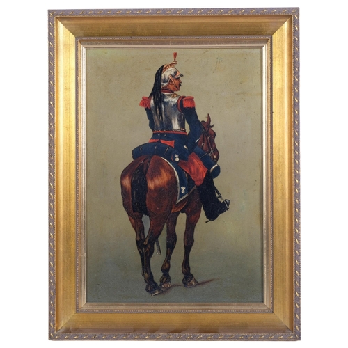 346 - Oil on panel, study of a soldier on horseback, 42cm x 32cm overall, framed